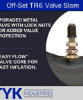 Close-up of Two Pack 22 By 11 By 10 Inner Tubes With TR6 Valve Stem showing upgraded metal valve with lock nuts