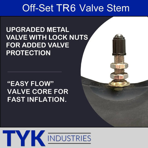 Close-up of Two Pack 22 By 11 By 10 Inner Tubes With TR6 Valve Stem showing upgraded metal valve with lock nuts
