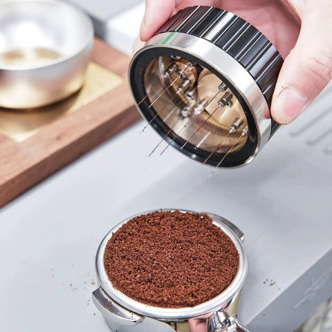 Next Level 58mm Coffee Distributor Needle With Solid Black Base Precision Gear Spin Drive For Flawless Espresso Beds in use
