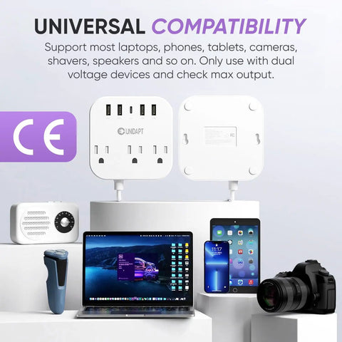 All In One International Power Strip With USB C And Four USB Ports EU UK US Plug Adapter Three AC Outlets Wall Mountable displayed.