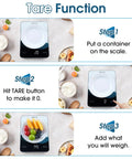 Bluetooth Kitchen Scale 10kg And 22lb Capacity With Smart Nutrition App showing tare function with bowls and ingredients.