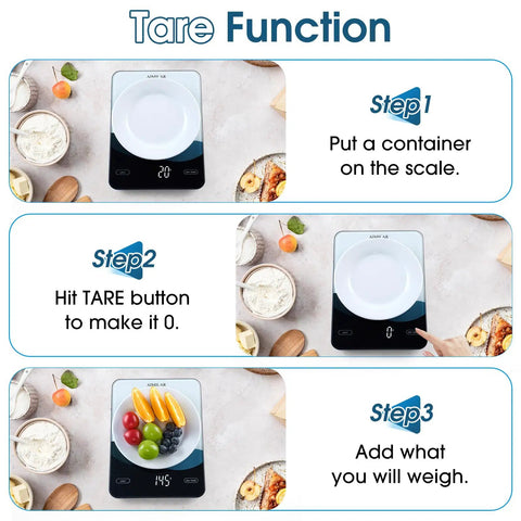 Bluetooth Kitchen Scale 10kg And 22lb Capacity With Smart Nutrition App showing tare function with bowls and ingredients.