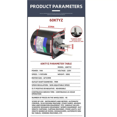 Product specifications of Plug And Play 14W Permanent Magnetic Synchronous Motor With 8mm Shaft 110V 220V AC 2.5 To 80 RPM Range 5 RPM