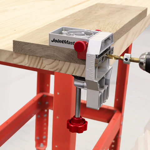 Joint Master Doweling Jig With Self-Clamping Aluminum Frame For Edge, Corner And Surface Joints, used on wooden board