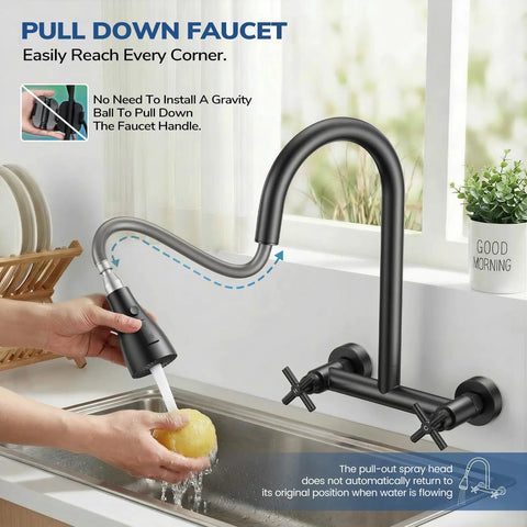 HURRAN Wall Mount Kitchen Faucet with Pull Down Sprayer, Matte Black Kitchen Sink Faucet, 8 Inch in use, washing a fruit.