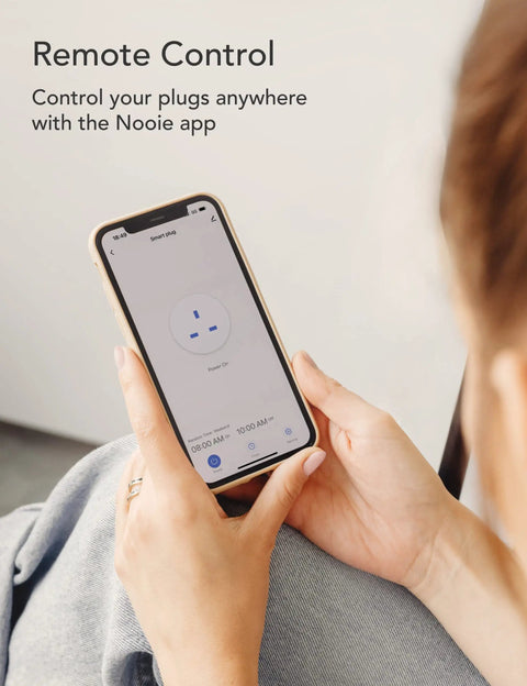 Person using smartphone app to control Mini Smart Plug With Voice Control, Your Go To Plug That Works With Alexa And Google Assistant