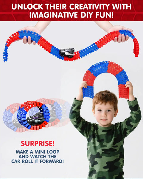 Child playing with flexible 212-piece Awesome Spider Themed Race Track Toy With Flexible 212 Piece Car Track And Two Spider Cars