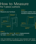Guide for measuring 1-piece furniture cushions, showing steps to ensure fit with height, width, and depth dimensions.