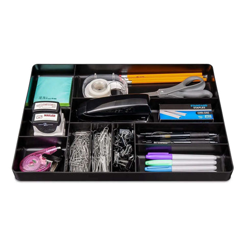 Green 10-Compartment Tool Organizer Tray For Garage And Workshop, storing office supplies like pens and staples.
