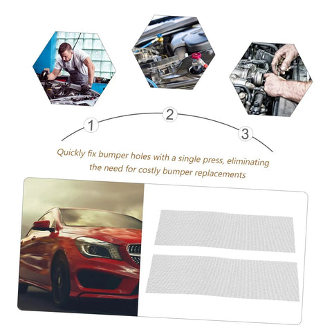 Image of 12-Piece Automotive Bumper Repair Mesh Kit For Thermoplastic Fixes shown with car and repair process steps.