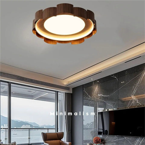 Top Shelf Wood Grain Led Ceiling Light Fixture, Solid Flush Mount With Mid Century Modern Vibe illuminating a stylish living room ceiling.