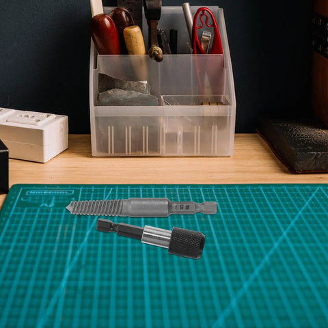 Super Cool Steel Screw Extractor Kit With Hex Shank Perfect For Removing Stripped Bolts And Broken Screws Easy DIY Home Repair Tools That Give You Total Control Over Messy Jobs No More Stuck Threads Here, two steel extractors on cutting mat