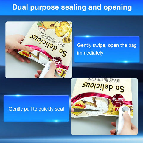 Opening and sealing snack bag with 2 In 1 Mini Bag Sealer With Cutter Rechargeable Portable Heat Sealer For Chip Bags And Snack Plastics