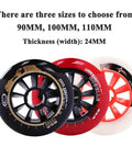 Three inline skate wheels in black, red, and white showing 90mm, 100mm, 110mm diameters. Inline Skate Wheel Set Eight Pack 90mm 100mm 110mm Replacement Wheels For Rollerblade PU Single Row 85A Hardness Black 24mm Width Smooth Grip Fast Ride.