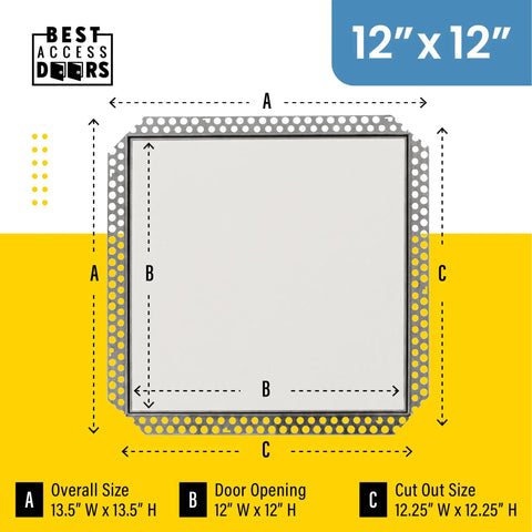 12 X 12 Inch Flush Aluminum Drywall Access Panel With Standard Drywall Insert And Mud In Flange, concealed hatch dimensions illustration.
