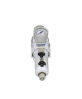 Front view of Heavy Duty Built To Last 3/8 Inch NPT Compressed Air Filter Regulator Piggyback Combo With Metal Bowl Gauge, Manual Drain