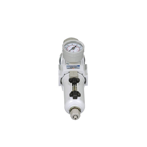 Front view of Heavy Duty Built To Last 3/8 Inch NPT Compressed Air Filter Regulator Piggyback Combo With Metal Bowl Gauge, Manual Drain