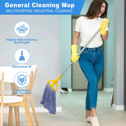 Woman using 2 Pack Heavy Duty Mop Head Replacement For Commercial Cleaning Reusable Cotton Loop String Mop Heads Durable 17 Oz Wet Mops Refills
