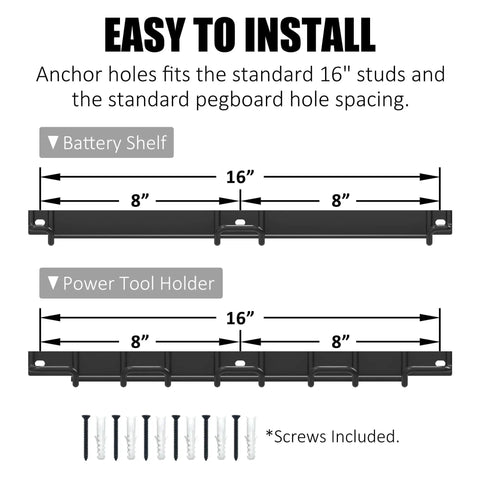 Diagram of wall mounted drill rack and tool shelf, showing battery shelf and power tool holder measurements, screws included.