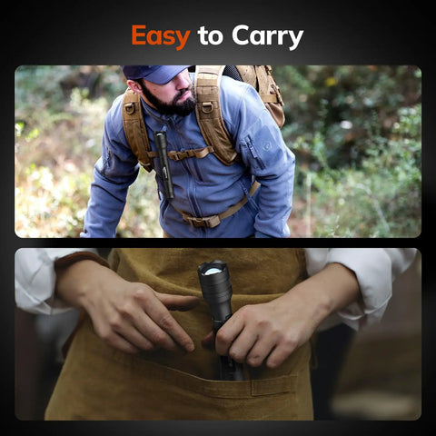 Man carrying Rechargeable LED Flashlight Kit With 1500 Lumen Beast Brightness, Tactical Spotlight in pocket