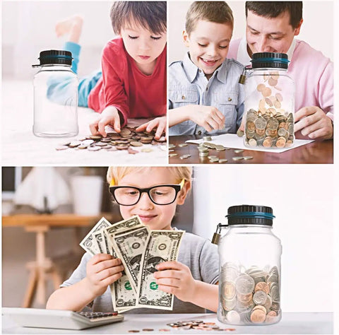 Children and parent using Green Digital Coin Counter Money Bank With LCD Display, 1.8L ABS Jar, battery operated, for saving coins