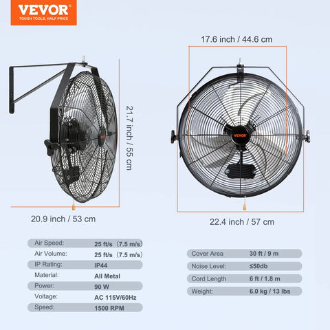 18 Inch Wall Mount Fan With 3 Speeds IP44 Waterproof Up To 4150 CFM ETL Listed Black Rust Resistant side and front view