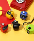Set Of Five Legit Sturdy Handheld Tally Clicker Counters With Four Digit Dial And Slick Abs Body, colorful variety on yellow background.