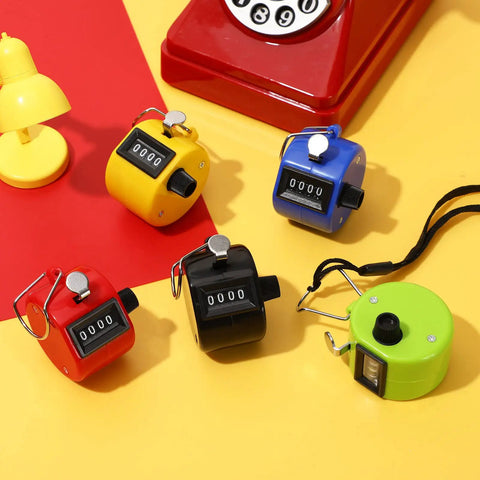 Set Of Five Legit Sturdy Handheld Tally Clicker Counters With Four Digit Dial And Slick Abs Body, colorful variety on yellow background.
