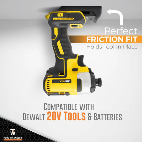 Beefy 20V Tool Holder Wall Mount Organizer For Drill Tools Holds Up To 8 Mounts Includes Screws Ultra Strong Glass Fiber Reinforced Polymer Build Made In North America Dewalt Compatible Drill Holder with a Dewalt 20V tool in place demonstrating friction fit.
