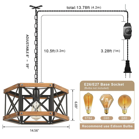 Kickass 14 Inch Black Farmhouse Pendant Light With Plug In Dimmable Switch And Adjustable Woven Cord dimensions and features diagram.