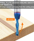 HARFINGTON spiral router bit, close-up of blue nano-coated 1/8 in up-cut, 2-flute, 1/4 in shank