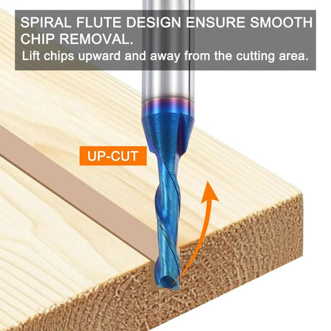 HARFINGTON spiral router bit, close-up of blue nano-coated 1/8 in up-cut, 2-flute, 1/4 in shank