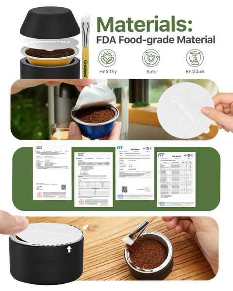 Reusable VertuoLine Capsule Kit For Nespresso Pods With 50 Aluminum Foil Seals Lids shown with FDA food-grade material certificates.
