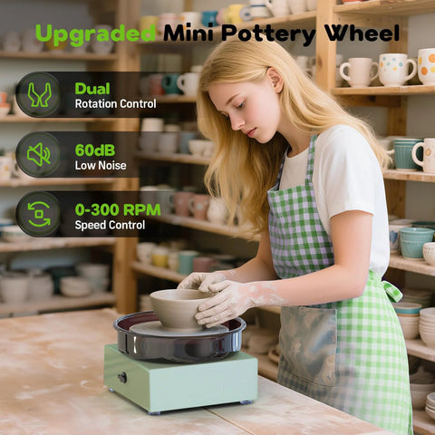 Alldeer mini pottery wheel kit on mint-green base; person shaping a clay bowl.