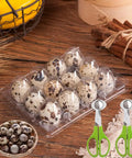 Quail Egg Storage Kit With 12 Grid Cartons And 2 Stainless Steel Cutters For Camping And Picnics, visible eggs in PVC tray and cutters.