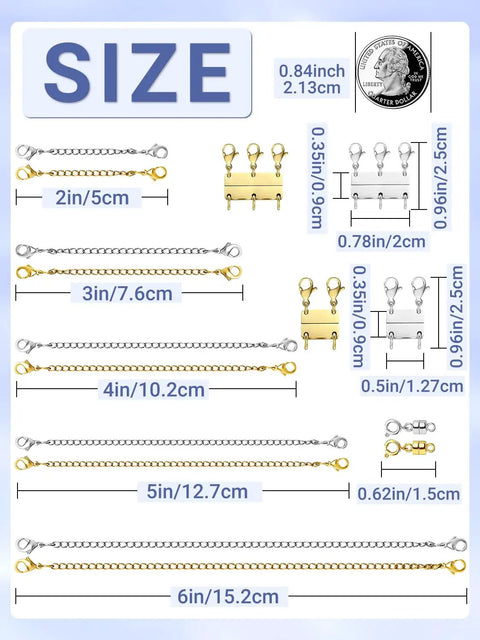 All-In-One Necklace Extender And Magnetic Clasp Set For Layering, Gold And Silver Styles With Chain Extenders And Necklace Separators, size chart