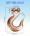 Diagram of a Beefy 4 Pack One Quarter Inch Clevis Slip Hooks Without Latch, Heavy Duty Grade 70 Tow Chain Hooks, showing 2600 lbs WLL.