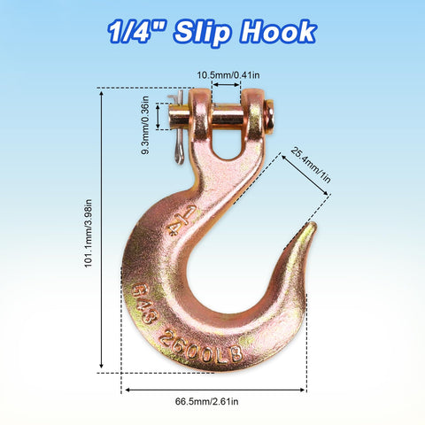 Diagram of a Beefy 4 Pack One Quarter Inch Clevis Slip Hooks Without Latch, Heavy Duty Grade 70 Tow Chain Hooks, showing 2600 lbs WLL.