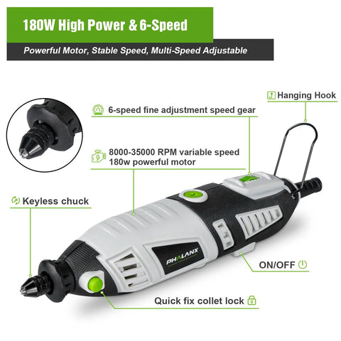 Powerful 180W Rotary Tool Kit With 6 Speed Settings And Flexible Shaft 8000 To 35000 RPM 213 Accessories detailed view.
