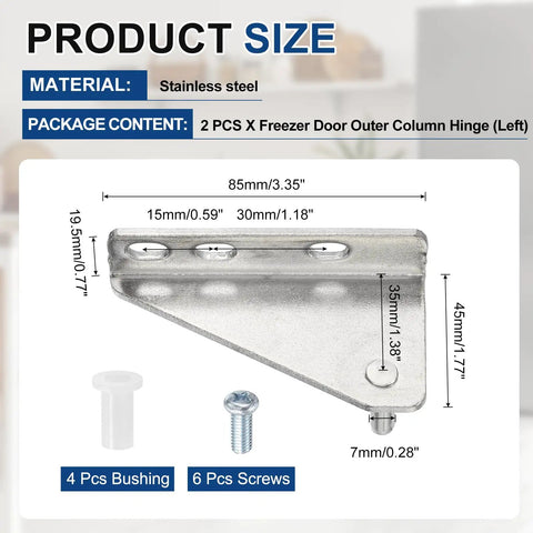 Stainless Steel Freezer Door Hinge Set Two Pack Outer Column Left Shaft 1.38 Inch Distance Replacement For Refrigerator