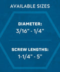 Image showing available sizes for 3/16 x 2-1/4 Inch Blue Climaseal Star Head Concrete Anchors: diameter 3/16" - 1/4", lengths 1-1/4" - 5".