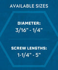 Image showing available sizes for Blue Climaseal Hex Head Concrete Anchors 1/4 By 3-3/4 Inch, indicating diameter and lengths.