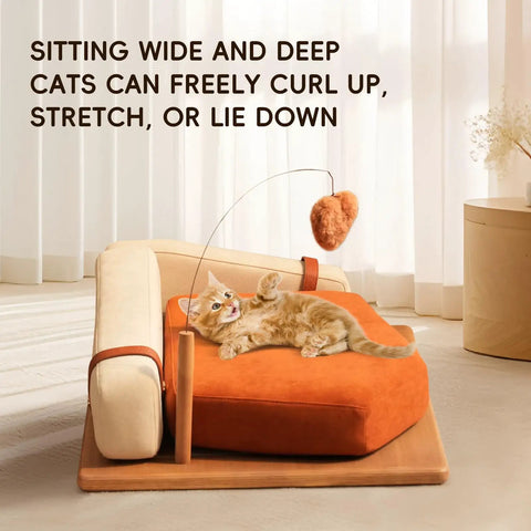 Cat lounging on Modern Wooden Pet Hangout Haven With Swinging Toy, Built Like A Tank Oak Veneer Sofa Bed, Ultra Comfy High Resilience Foam Cushion.