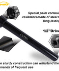 CXPRO inner tie rod removal tool kit side view with 1/2 in drive and 12 crowfoot adapters; black cylindrical tool.