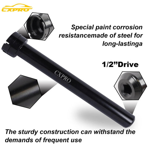 CXPRO inner tie rod removal tool kit side view with 1/2 in drive and 12 crowfoot adapters; black cylindrical tool.