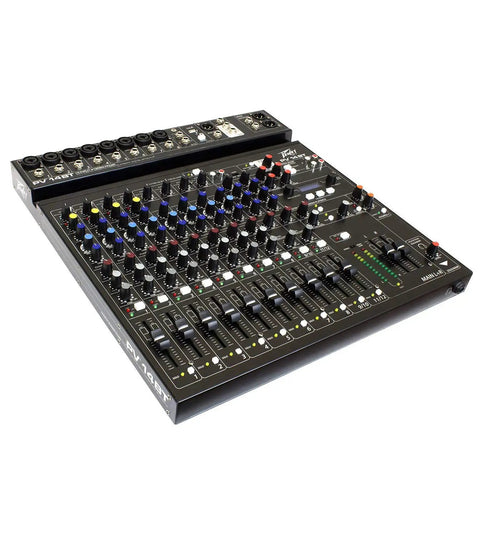 PV 14 BT Mixer With Built In USB MP3 Playback MidMorph Processing Eight XLR And Quarter Inch Mic Preamps angled view on surface