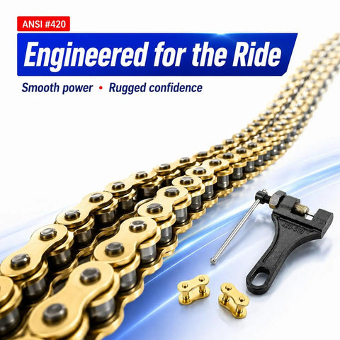 420 Gold Motorcycle Chain 132 Links With Chain Breaker Heavy Duty Roller Chain For 110cc 125cc Dirt Bike Go Kart ATV Quad Scooter Mini Bike With 10 Master Links Included