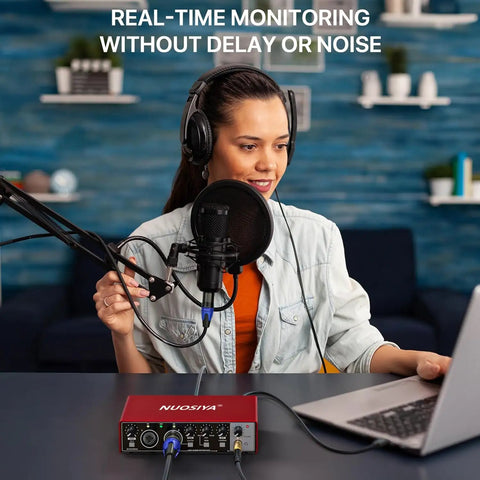 Woman using Red USB Audio Interface For PC And Mac, Pro Grade Studio Sound 24 Bit 192 KHz with microphone and laptop