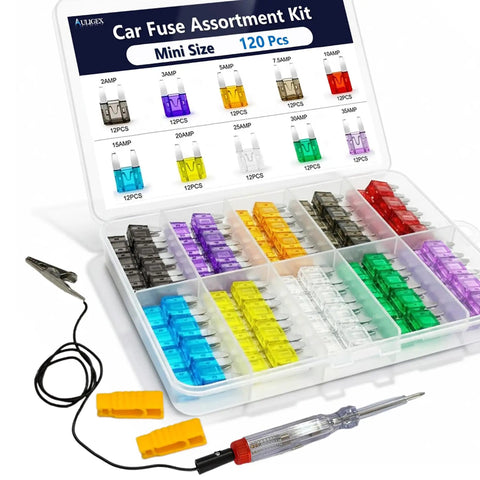 120Pcs Car Fuse Kit With Tester And Puller Dope Mini Blade Fuses Assortment Set 12V Upgraded Automotive Fuse Kit on display