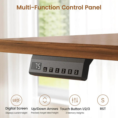 Electric Standing Desk With 6 Drawers, 55 Inch Wide Adjustable Desk control panel displaying digital height settings.